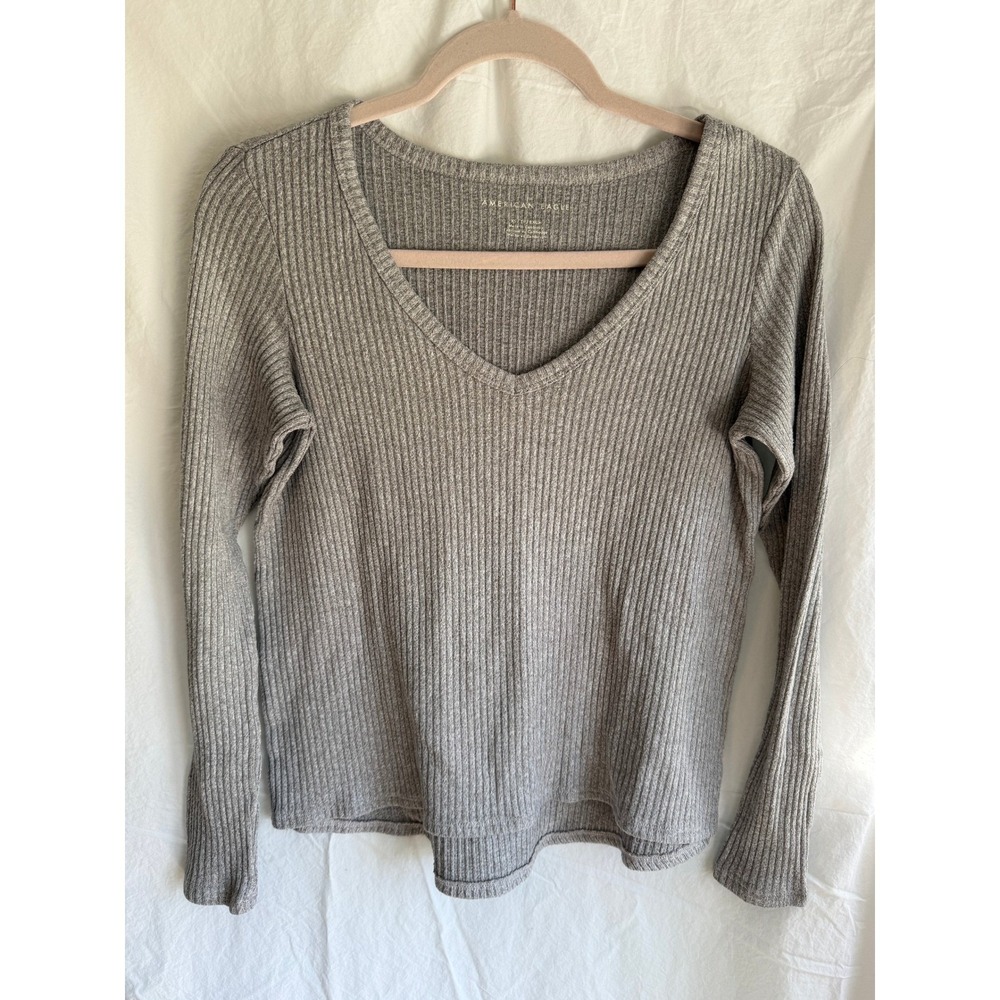 American Eagle Womens XS Grey Ribbed Knit V-Neck Long Sleeve Top Shirt Heathered